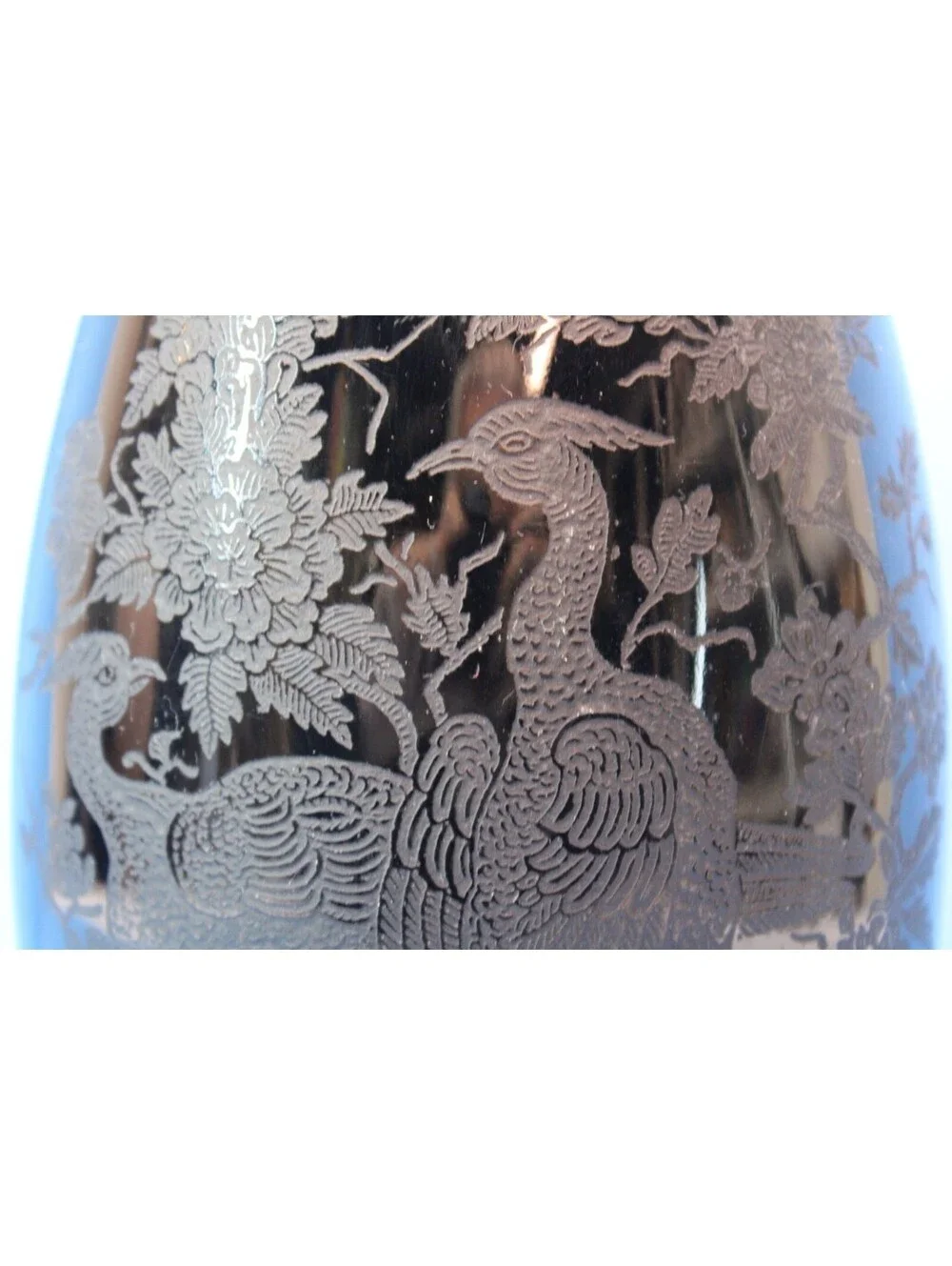 Vtg Asian Peacock & Rose Nora Bird Reverse Black/Ebony Porcelain Etched Vase 8x6